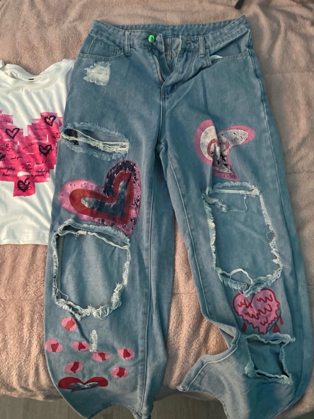 Kids Distressed Denim Matching Set - Pink Heart Accent